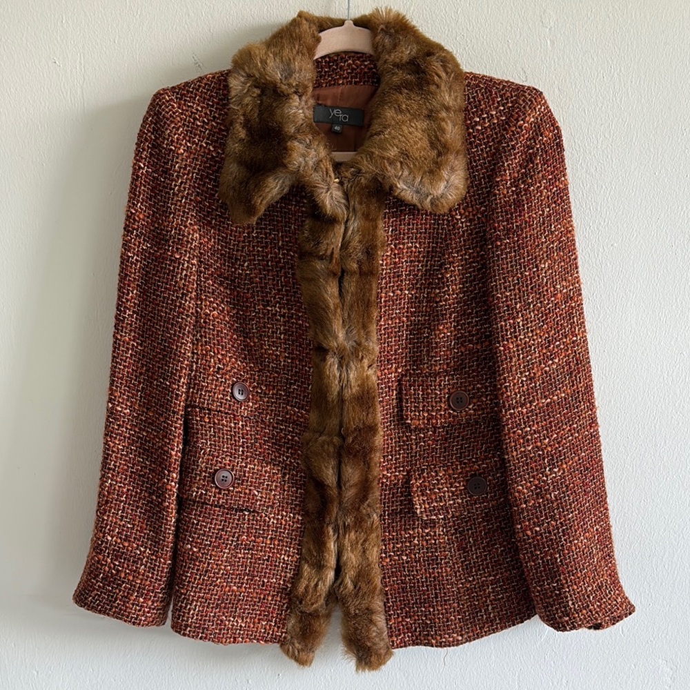 Women's Brown Tweed Jacket with Faux Fur Trim